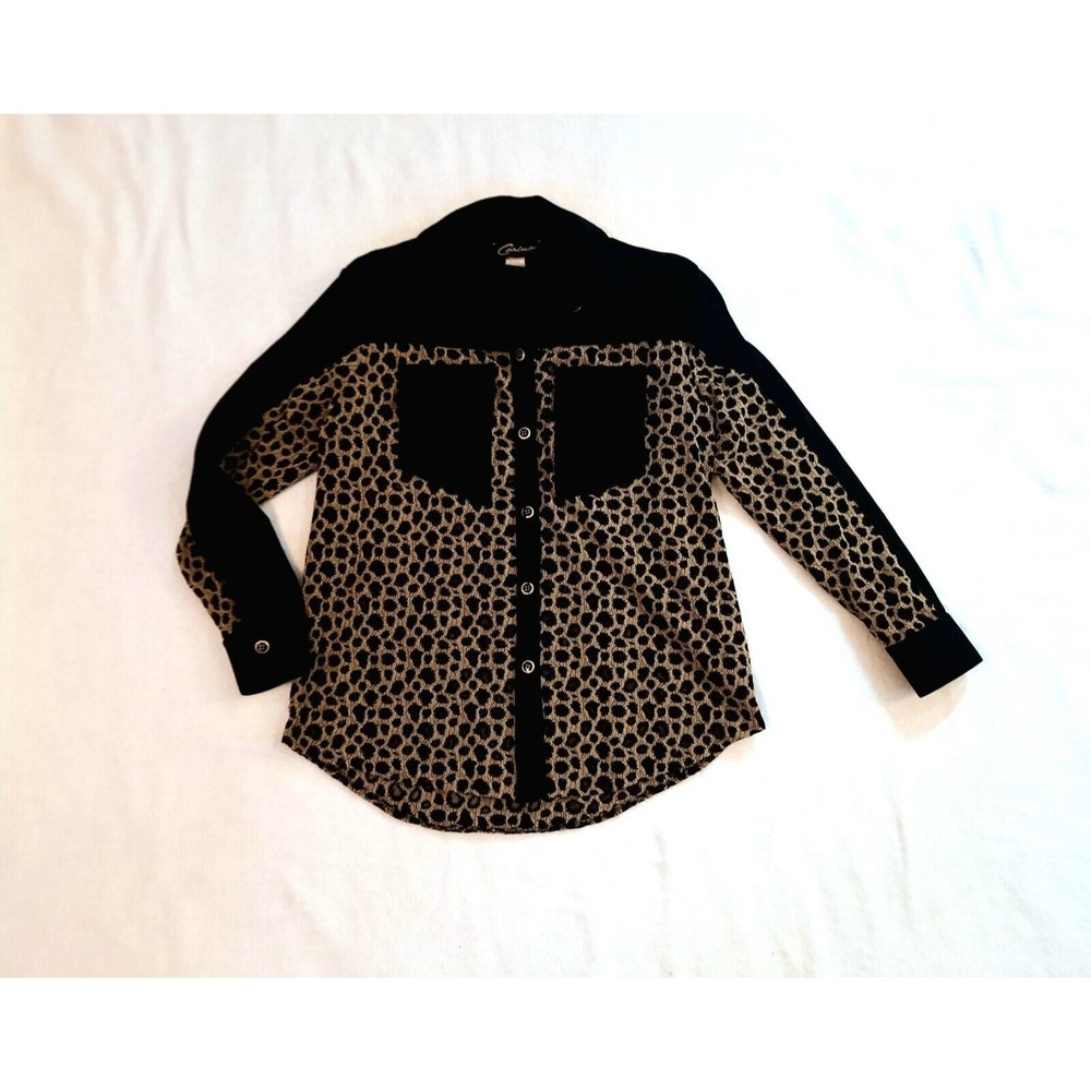 Vintage Carina Leopard Cheetah Print Shirt Blouse Medium Black Long Sleeve USA